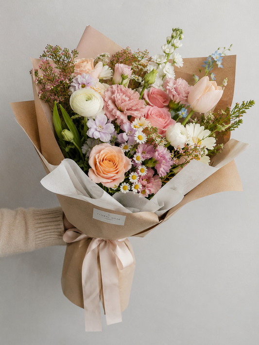 Hand-wrapped bouquet - mixed Spring blooms